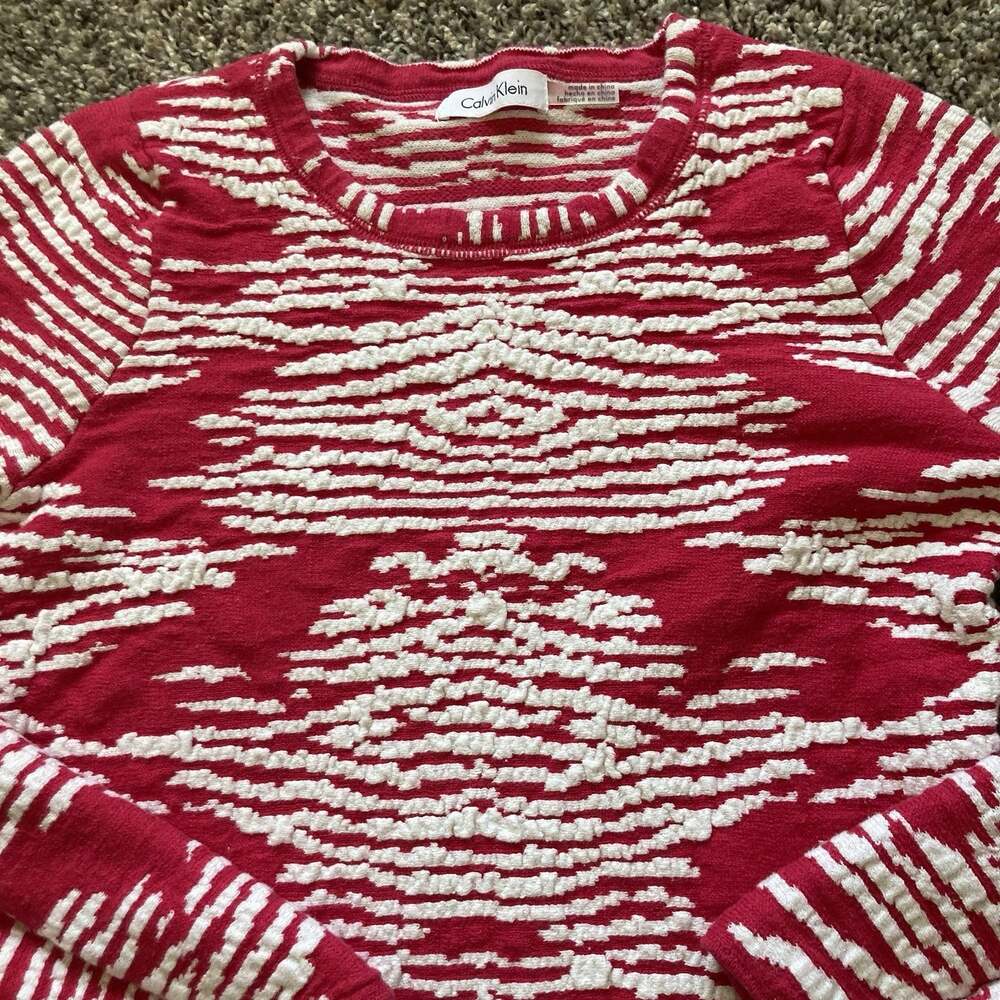 Calvin Klein Terry Pullover Sweatshirt Women Medium Fuchsia White Stripe Lng Slv - Picture 7 of 8